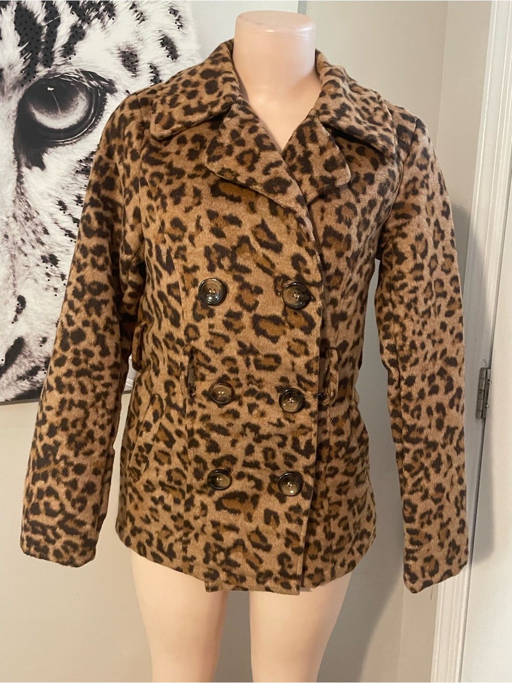 Me Jane leopard animal print soft double breasted pea coat jacket lapel collar S